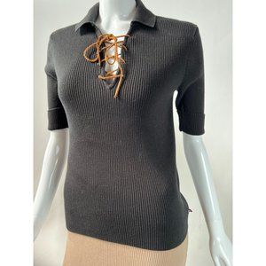 Polo Jeans Co Ralph Lauren Leather Lace Up Mid Sleeve Sweater  S Black   Cotton